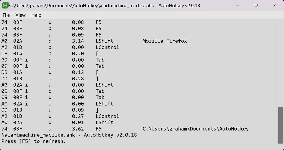 AutoHotkey KeyHistory debugging output